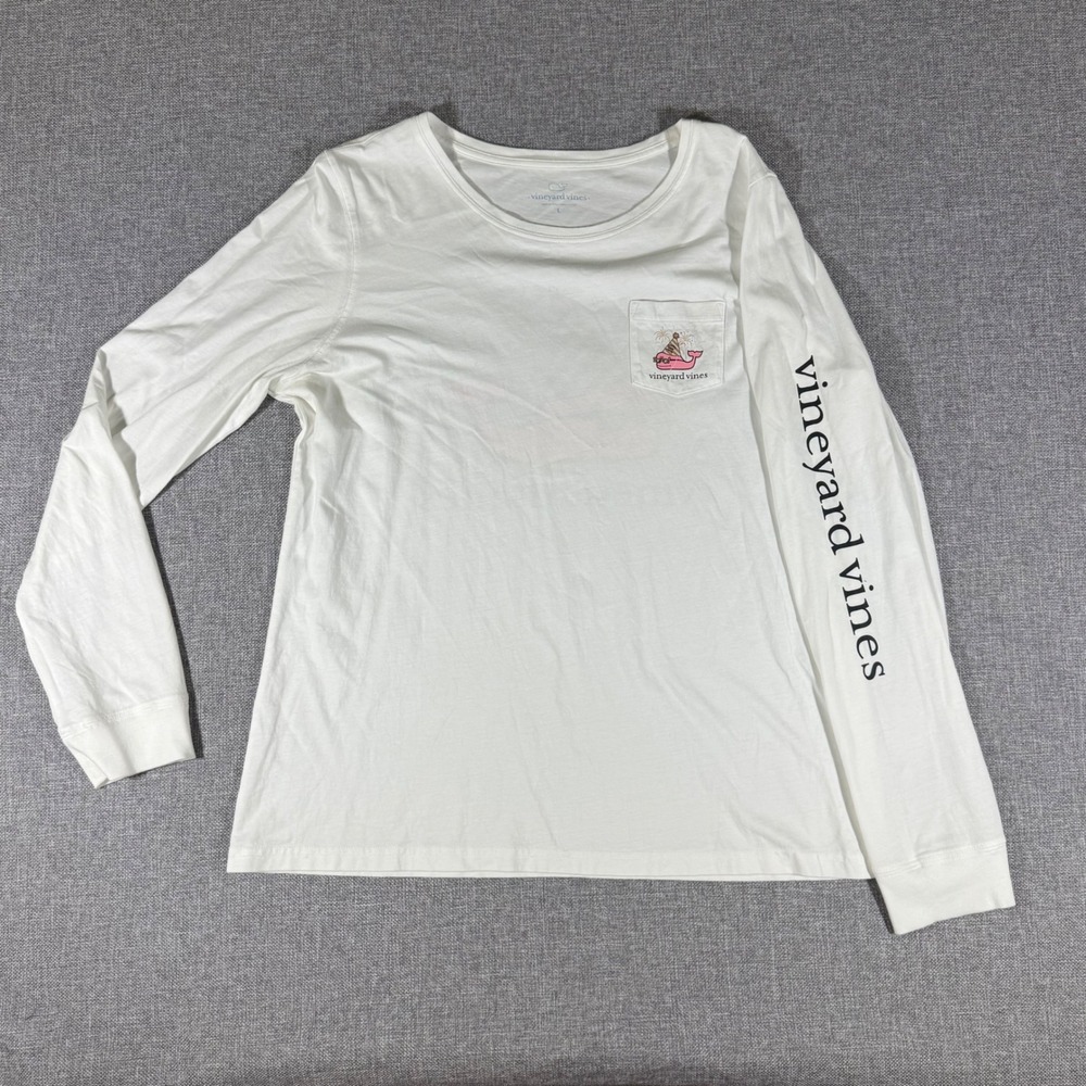 Vineyard Vines Long Sleeve Pocket Tee Womens L White 2020 New Year Whale Graphic